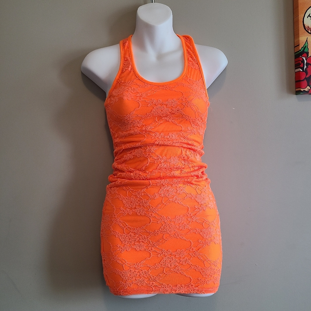 Vtg Y2K Misope Neon Orange Floral Lace Bodycon Mini Dress Small